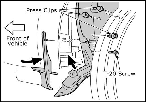 Fig. 30 30. Carefully press the lower cover panel back into position. Reinstall three (3) press clips. Place the rubber spoiler edging back into position and reinstall one (1) T-20 Torx screw.