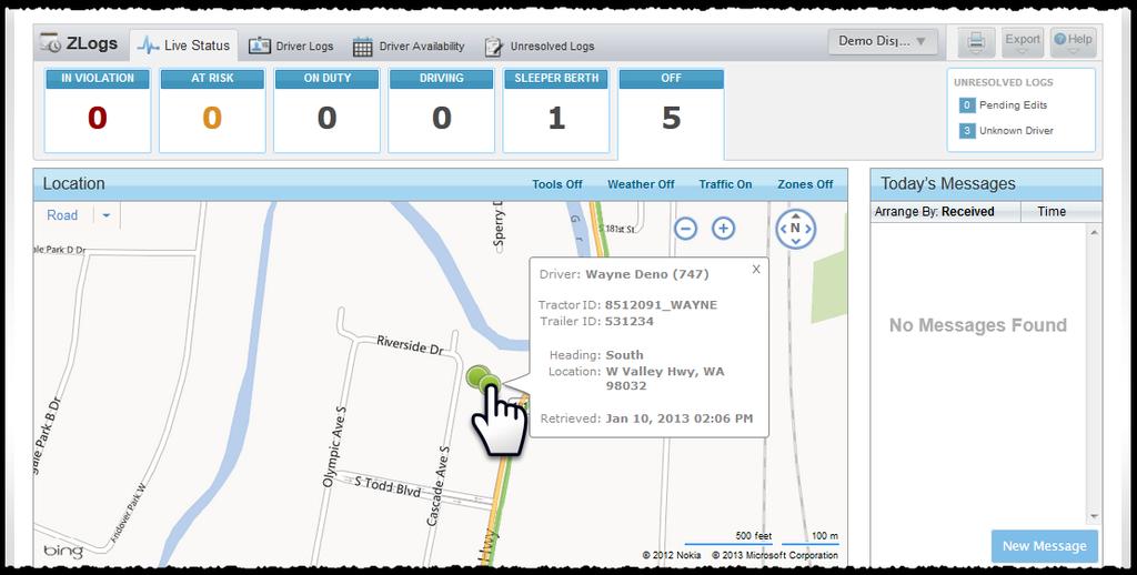 ZLogs Checking Driver Status In Violation At Risk On Duty Driving Sleeper Berth Off Live status displays each driver on the map with an icon.