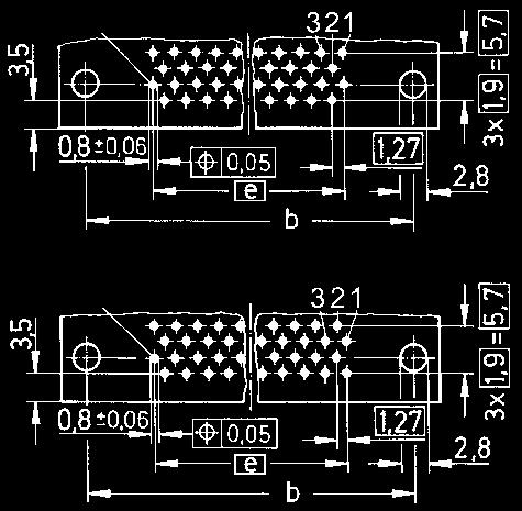 Female connectors with angled solder pins Panel fixing Dimensions Board fixing M