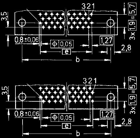 Female connectors with angled solder pins Panel fixing Dimensions Board fixing M