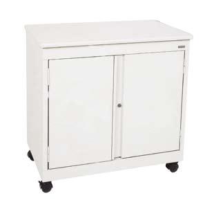 Carts & Stands Mobile Utility Cabinet with fixed shelf Convenient desk height, durable light gray laminate top, full recessed door pull, push button locking handle secures both doors, two storage