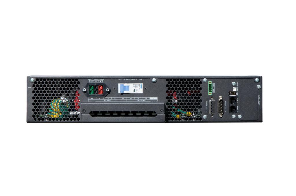 UPS Port Introduction (6K to 20K) Battery ports: PP45 AC input ports Input circuit breaker AC output ports Emergency Power Off Maintenance bypass port (MBS)