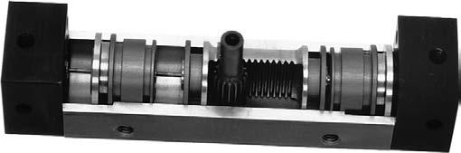 If the two cylinders on both sides are without pressure and only the center piston is pressurized, the pinion will turn around the complete angle.