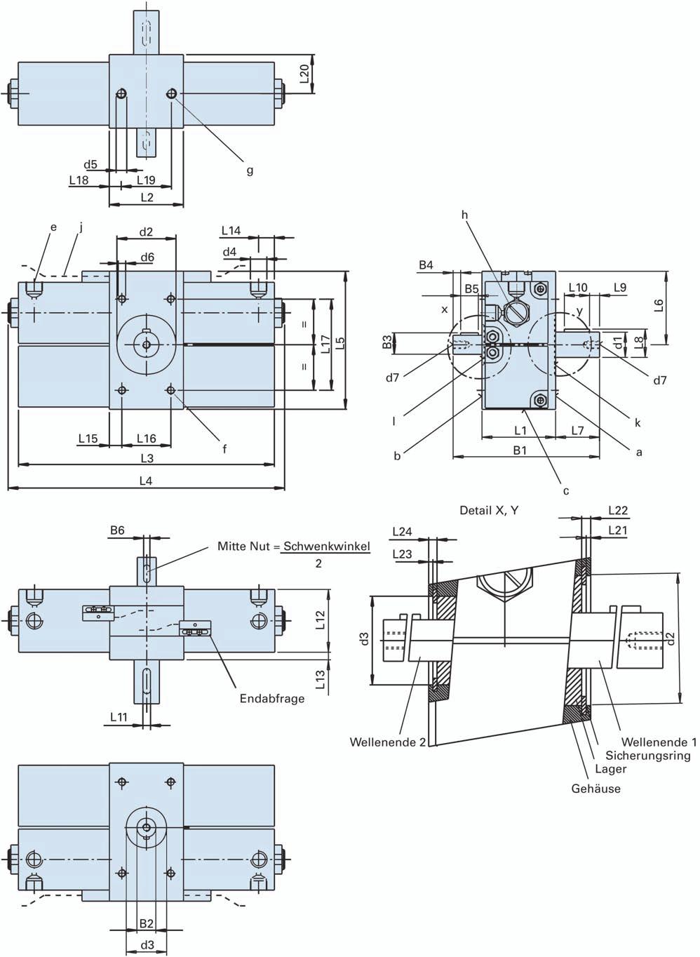 Pneumatic Actuator DA 1500, DA 3000, DA 6000 mid of keyway= rotation angle end position control shaft end 2 shaft end 1 Clip bearing housing DA a, b, c mounting surface e air connections f mounting