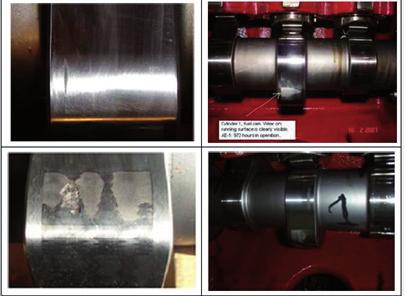 Roller is hardened to a specified hardness and, more importantly, to a Fig. 19: Camshaft pitting L28/32 fuel cam with 5,000 operating hours specified hardening depth 3.