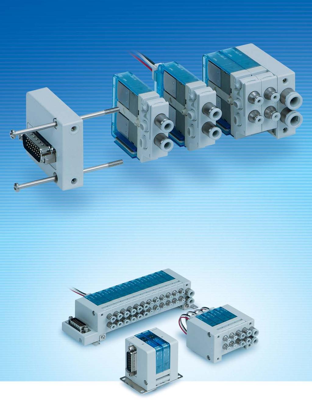 Port Solenoid Valve Highly Integrated Unit Manifold direct-operated -port valves on station Connector (For plug-in connection) Individually wired valve can be added.