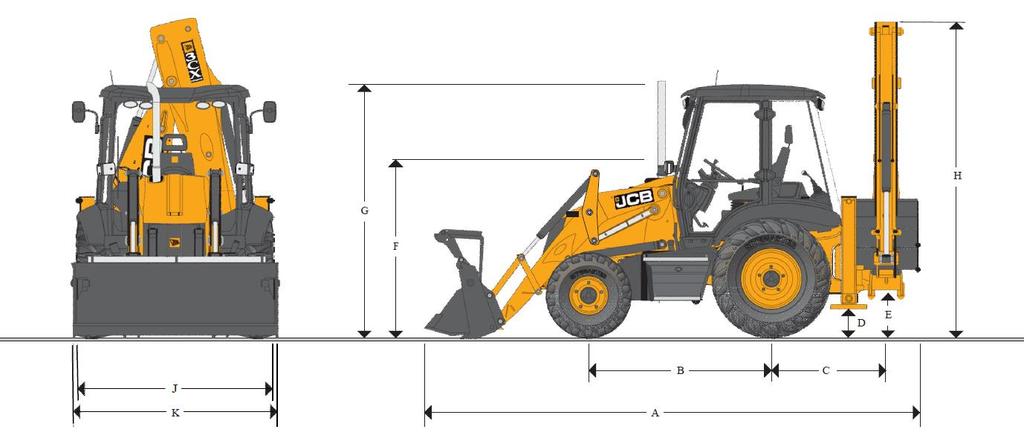 MAX. ENGINE POWER: 74.2Kw MAX. BACKHOE DIG DEPTH: 5.97 metres MAX LOADER CAPACITY: 1.1m 3 STATIC DIMENSIONS 3CX Classic, 3CX Sitemaster, A Total travel length 5.62 B Axle centerline distance 2.