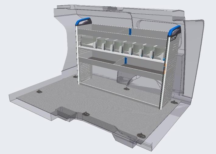 ProSafe lashing buckle 2 x trough shelves with mats and dividers 1 x shelf including 7 x S boxxes and 1 x wide S boxx 1 x floor level base plinth Perforated end