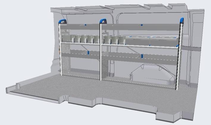 4 x trough shelves with mats and dividers 1 x shelf including 4 x S boxxes and 1 x wide S boxx 1 x shelf including 2 x M boxxes with handles and 3 x S boxxes 2 x floor level