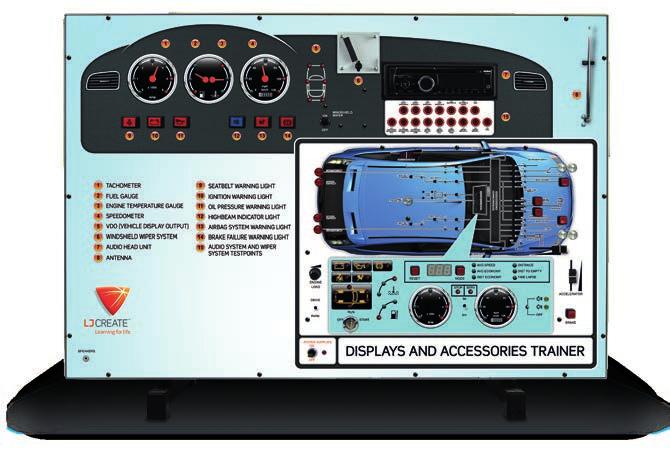 The trainer is designed to allow access to a variety of test points for vehicle electrical components and explore how they relate to dashboard displays and warning lights.