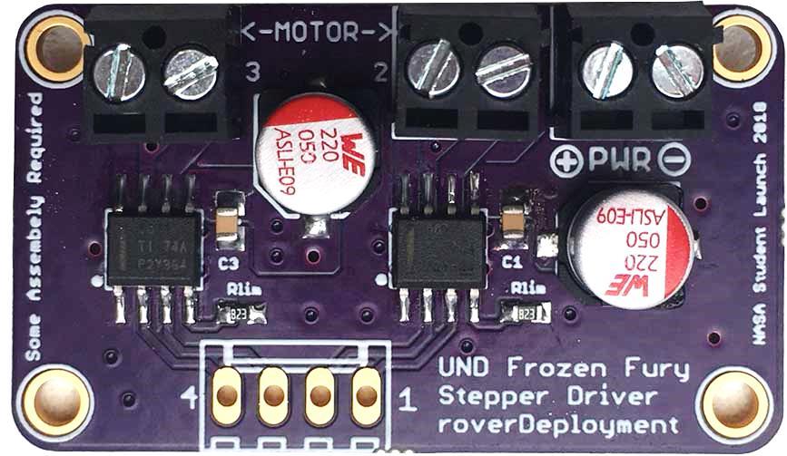 The RDS team wanted to power all three motors with a single 12V LiPo battery, so a second motor driver circuit board was developed to limit the current going to the stepper motor using dual H-Bridge
