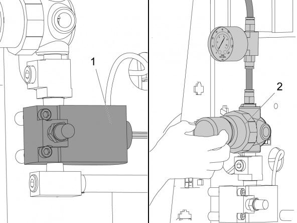STEP 2 Disconnect the tube [1] from the output-side of the pre-charge pressure regulator [4]. Put the tube into the top of the pressure-gauge assembly [2].