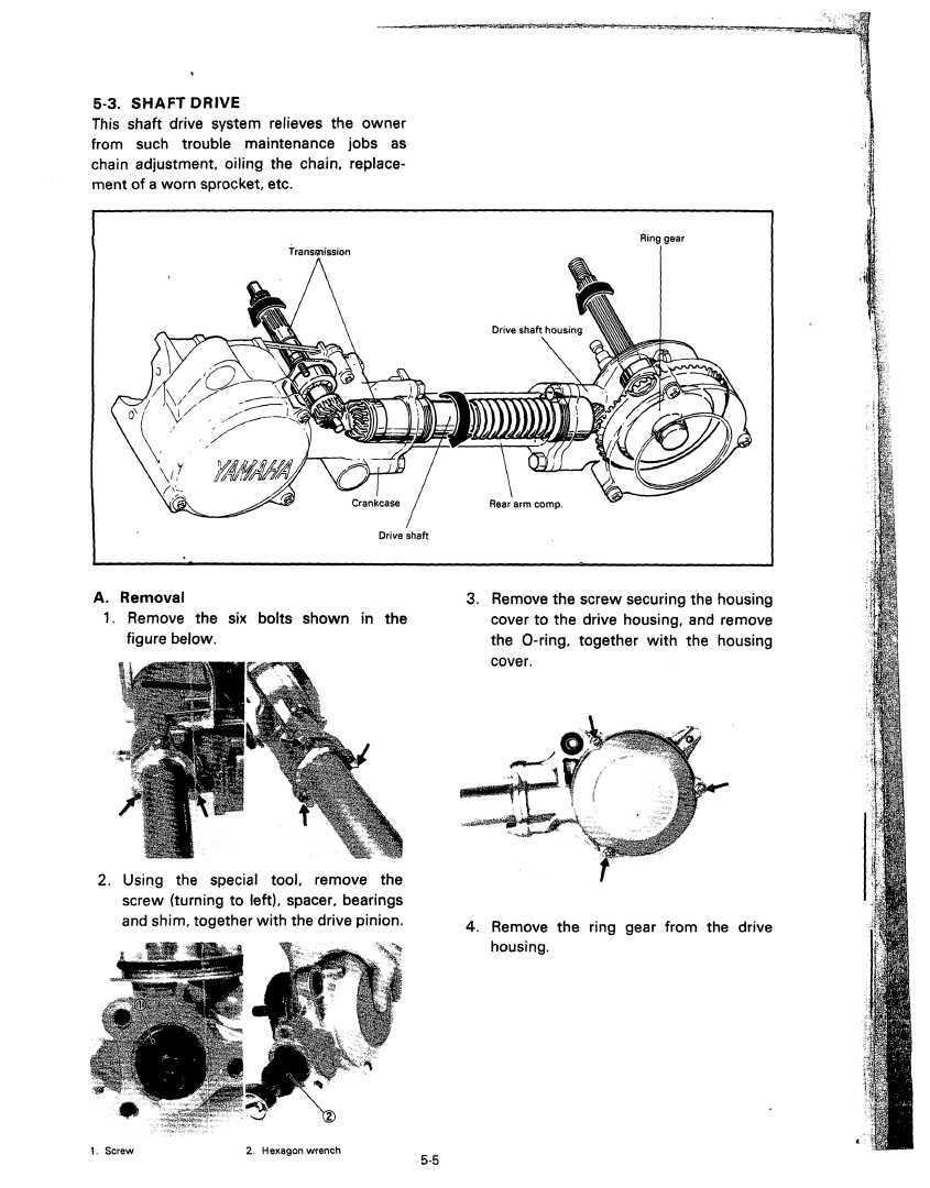 5-3. SHAFT DRIVE This shaft drive system relieves the owner from such trouble maintenance jobs as chain adjustment, oiling the chain, replacement of a worn sprocket, etc. Transmission Ring gear A.