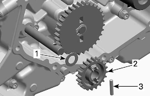 Remove thrust washer from intermediate shaft. tmr2011-014-016_a 1. Thrust washer 2. Water pump drive gear 3.