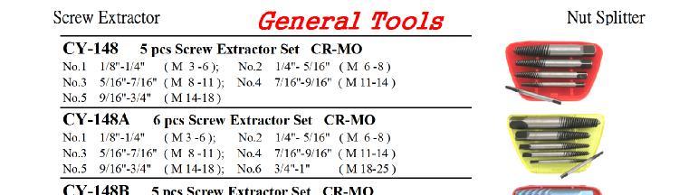 Screw Extractor Nut Splitter CY-148 5 pcs Screw Extractor Set CR-MO No.1 1/8"-1/4" ( M 3-6 ); No.2 1/4"- 5/16" ( M 6-8 ) No.3 5/16"-7/16" ( M 8-11 ); No.4 7/16"-9/16" ( M 11-14 ) No.