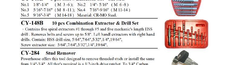 5 9/16"-3/4" ( M 14-18 ); No.6 3/4"-1" ( M 18-25 ) CY-148B 5 pcs Screw Extractor Set CR-MO No.1 1/8"-1/4" ( M 3-6 ); No.2 1/4"- 5/16" ( M 6-8 ) No.3 5/16"-7/16" ( M 8-11 ); No.