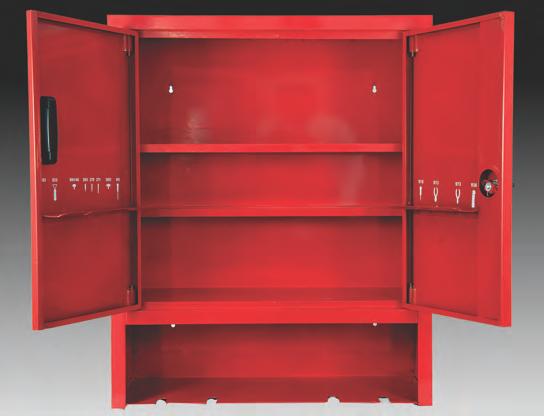 The cabinet features double locking front doors with Tech Tire Repair logos on the exterior, wider and taller shelves for increased repair storage capacity, and an additional exterior shelf with 4