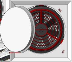 Vstavljanje enote ventilatorja a) Ventilator previdno pritisnemo do prenosnika toplote; mrežica ventilatorja je obrnjena proti sobni strani b) Ventilator ima nizko napetost 12V, povezan je preko