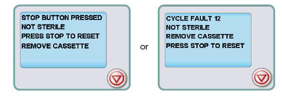 Once a cycle has been stopped, the STOP button must be pressed before another cycle can be started. The display reads any of the following messages: Cycle Interrupted 1.