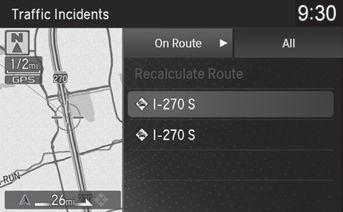 NAVIGATION 1. From the map screen, press the interface dial. Select Map/Route. Select Traffic Incidents. 2. A list of incidents on your route appears. Select the incident you want to avoid. 3.