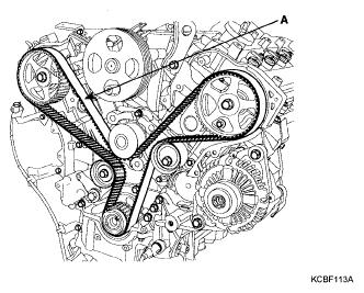 Fig. 234: Locating Timing Belt NOTE: Make a direction mark of revolution on the timing belt for re-use. 13. Remove the tensioner arm assembly (A) and the idler (B). Fig.