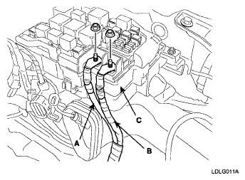 Fig. 266: Disconnecting Battery Wirings 11. Remove the heater hoses. 12. Disconnect the brake vacuum hose (A). Fig. 267: Disconnecting Brake Vacuum Hose 13.