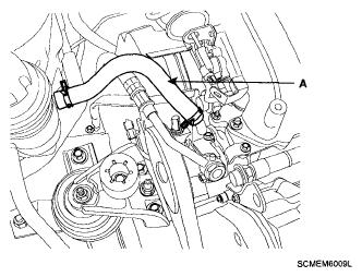 Fig. 268: Locating Power Steering Hose 15. Remove the steering column shaft joint bolt.(refer to STEERING COLUMN AND SHAFT -- SANTA FE ). 16. Disconnect the air conditioning compressor hoses.