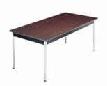 TABLES CAFETERIA TABLES 1 1/8" thermally fused walnut finish laminate Self-edged top with a black metal skirt Chromed legs have adjustable feet glides Ideal for cafeteria or work table OK050 FOLDING