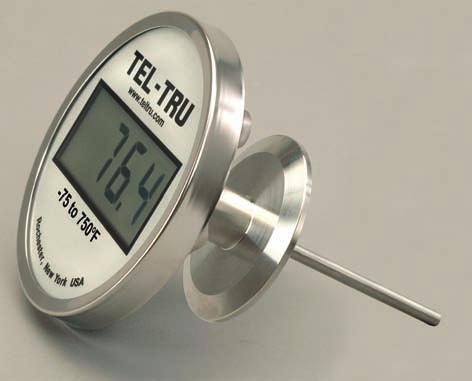 No thermowell is required because a Tri-Clamp sanitary fitting is integral to the thermometer, reducing installation and instrument costs.