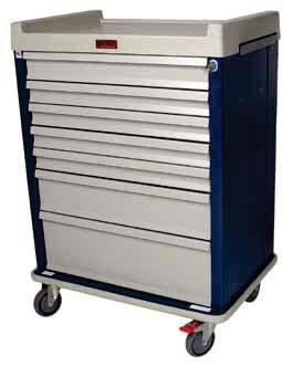 1" deep x drawer heights Available in aluminum or steel Contemporary design with rounded corners Pull-out side shelf on right side of cart BEST Key Lock with two keys Full wrap-around vinyl bumper