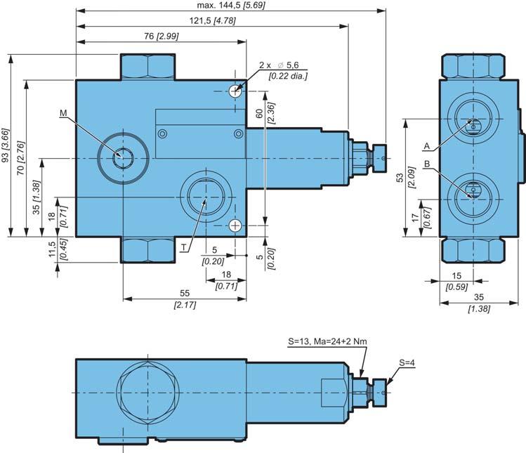 Exchange valves - Power transmission POCLIN HYDRULICS Dimensions for piped valve Metric connections V E 3 0 - - - 1 - UNF connections 40 [1.57] 16 [0.63] 54 [2.12] 16 [0.