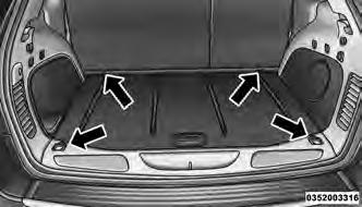 Rear Cargo Tie-Downs The rear cargo tie-downs, located on the cargo area floor, should be used to safely secure loads when the vehicle is moving. Rear Cargo Tie-Downs WARNING!