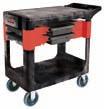 HEAVY-DUTY UTILITY CARTS Ergonomic handle with molded-in storage compartments and cup holder Rounded corners Drawer supports 40 lbs.