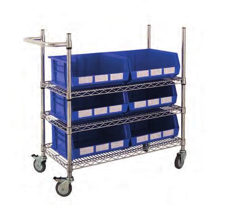 10 includes 4x uprights, 4x shelves with plastic collars, chrome handle, 2 braked + 2 un-braked