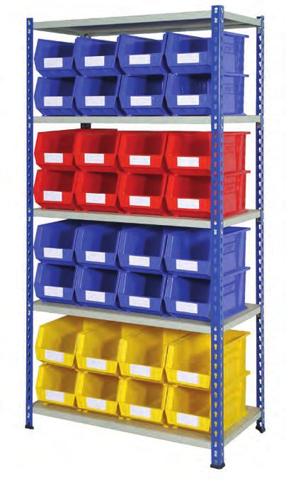 PLASTIC BINS ON RACKS Best for Storeroom or Workshop up to 10kg UDL/shelf Rivet Bays with Storage Bins 110 231.