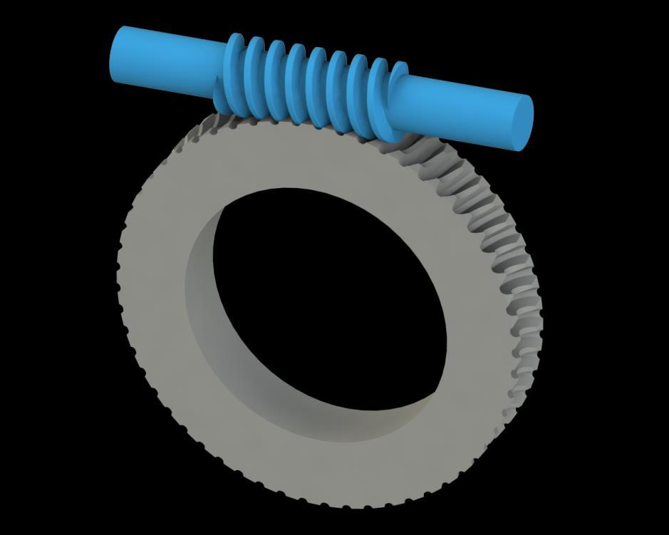 Figure 7: Worm gearsets transmit motion between perpendicular, non-intersecting shafts. Most worm gear sets cannot be "back-driven"; that is, trying to turn the gear will not rotate the worm.