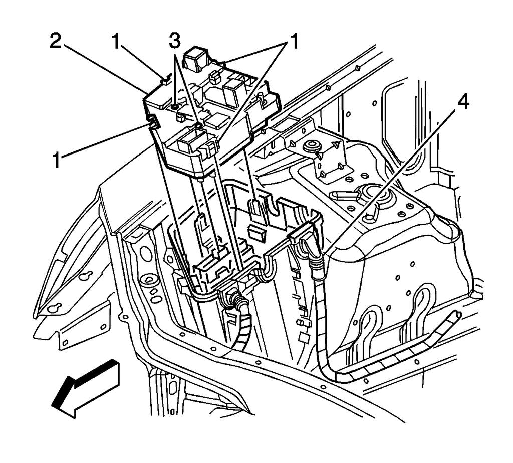 31. Remove the body wire harness and pass-thru grommet (2) from the electrical center. 32. Disconnect the engine wire harness connector (1) from the electrical center. 33.