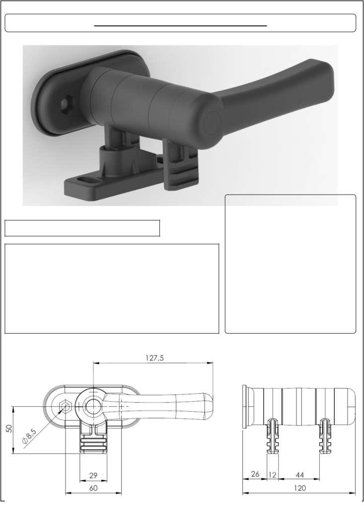 WINDOW LATCHES 76 CHIUSURE CRISTALLOTWOPOSITION WINDOW CLOSURE HANDLE VERSIONS: THIS IMAGE REPRESENTS THE RIGHT CODE HANDLE AND COMPONENTS: POLYAMIDE GF UV INTERNAL PIN: ZINC PLATED STEEL GASKETS: