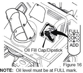 continuous use. See Figure 16. Add S.A.E. 5W30 motor oil as needed. Synthetic 5W30 is acceptable for all temperatures. Tighten fill cap/dipstick securely each time you check the oil level.