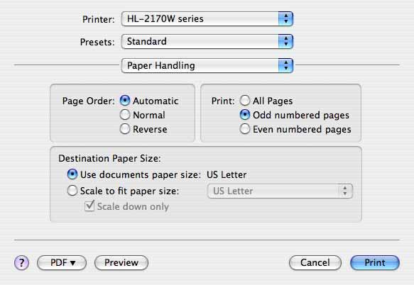 Gonilnik in programska oprema Obojestransko tiskanje 3 Ročno obojestransko tiskanje (za operacijski sistem Mac OS X 10.3 ali višjega) Izberite Paper Handling (Podajanje papirja).