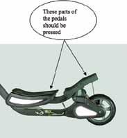 In general, the scooter can drive smoothly on a road with a 10 slope. Figure 1: When pressing on the front pedal, use the heel.