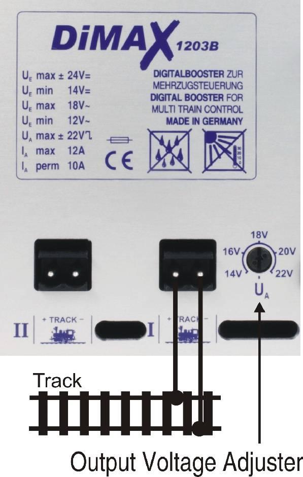 Connect the power supply cables to the green 2-pole connector with a regular screw driver and insert the connector into the main power socket on the rear panel of the DiMAX 1203B Digital Booster (as