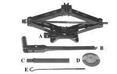 The tools you ll be using include the jack (A), folding wrench (B), extension tube (C), wing nut (D), and J-Hook (E).