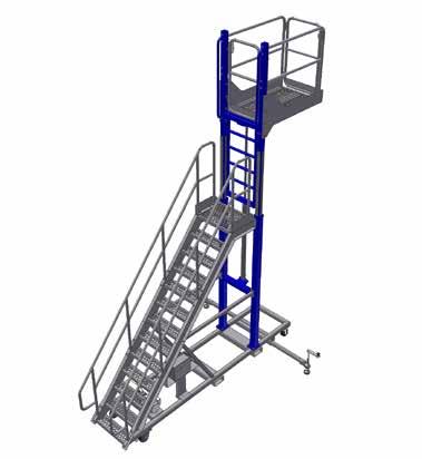 is a hybrid aluminum/ steel manufactured stair that can be remotely raised from a lowered height of 116 to a maximum height of 164 by either the top platform or the ground level master control panel.