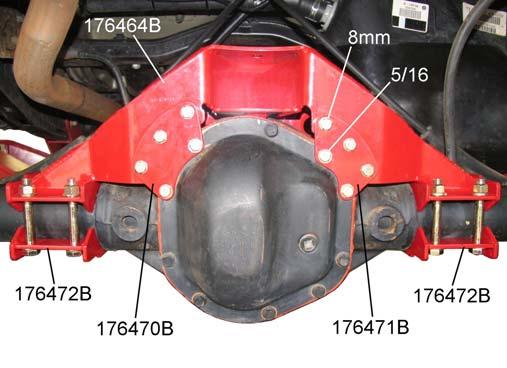 2) Using the 8mm hardware from kit 860594, loosely attach differential plates 176470B and 176471B to axle truss bracket 176464B. See illustration 19. 3) Place truss bracket on axle tubes.