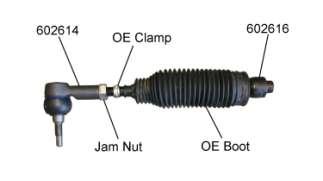 4) Install OE boot, OE clamp and new jam nut on inner tie rod 602616. Install jam nut to end of threads and attach outer tie rod end 602614. See illustration 10. As reference leave a.