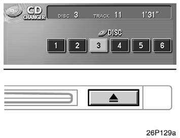26p129a 26p149b Ejecting a single alone: 1. Touch the switch (1 6) to highlight the disc number you want to eject. 2. Push the button for the compact disc briefly.
