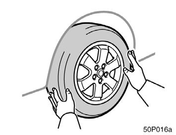 Changing wheels CAUTION Never get under the vehicle when the vehicle is supported by the jack alone. 50p016a 50p017c 6. Remove the wheel nuts and change tires.