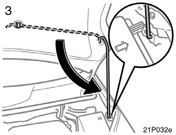 Theft deterrent system 21p032e NOTICE Be sure to return the support rod to its clip before closing the hood. Closing the hood with the support rod inserted into the slot could cause the hood to bend.