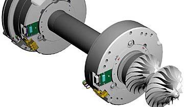 Magnetic bearing system The rotor shaft is held in position with ten separately